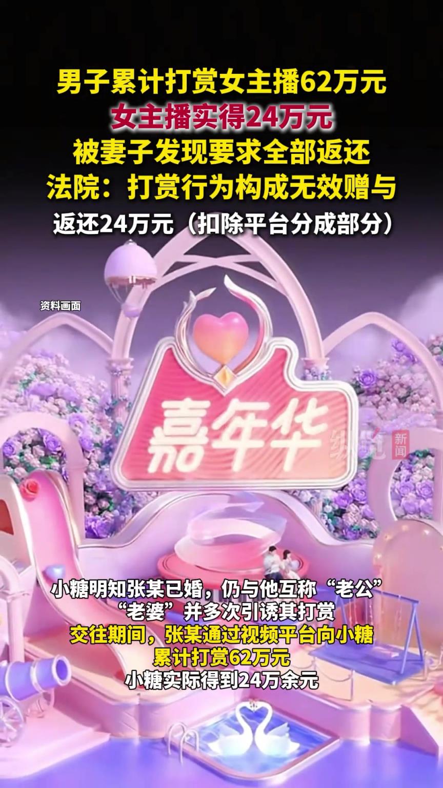 男子打赏主播62万，法院认定打赏行为构成无效赠与