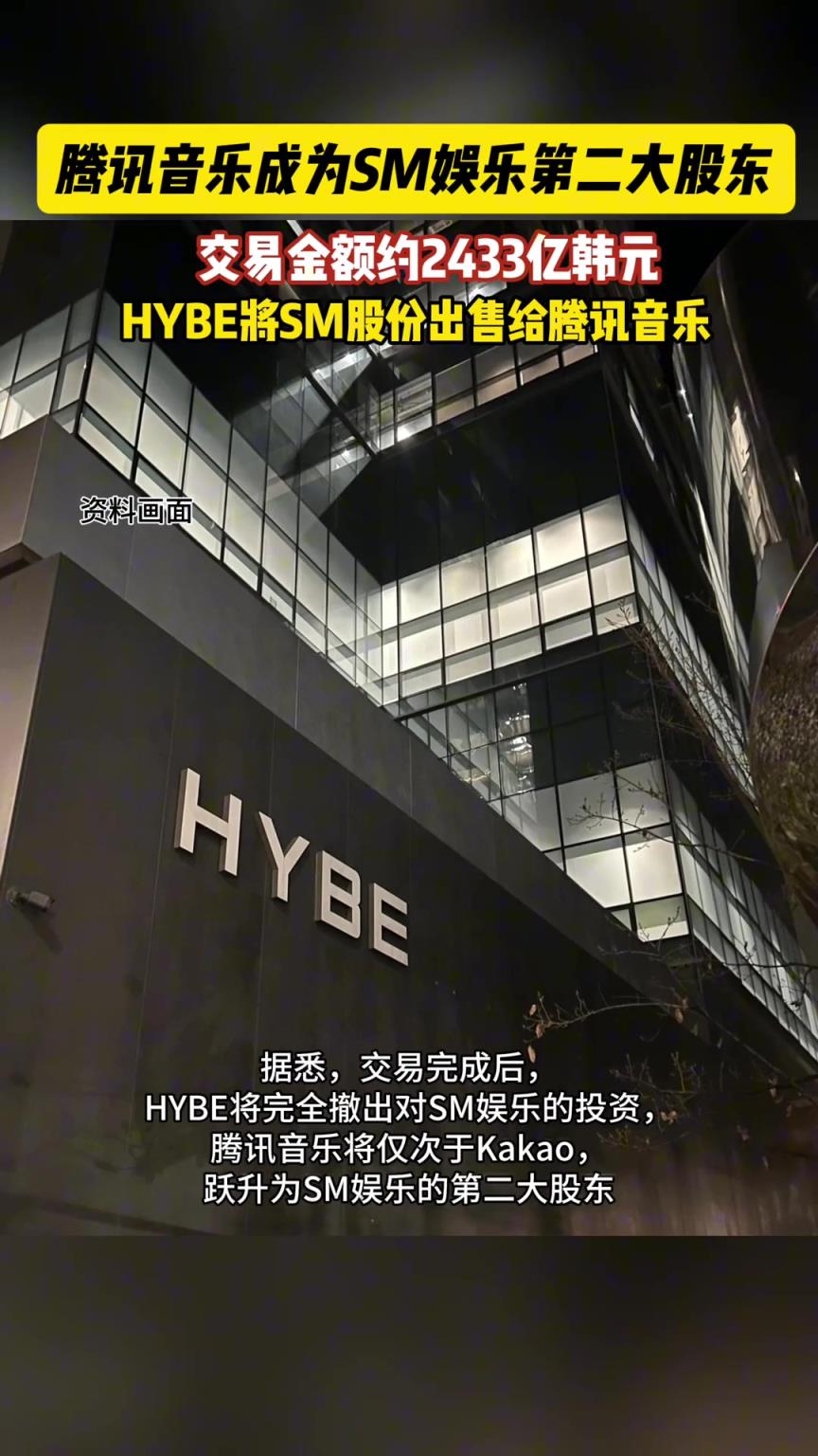 HYBE出售其所持全部SM娛樂股份，騰訊音樂將成SM娛樂第二大股東。