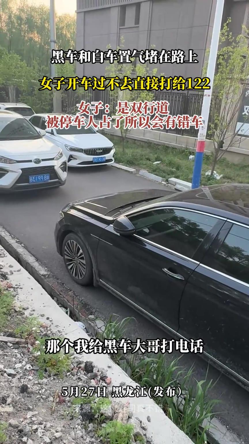 黑车和白车置气堵在路上，双方都不愿礼让！