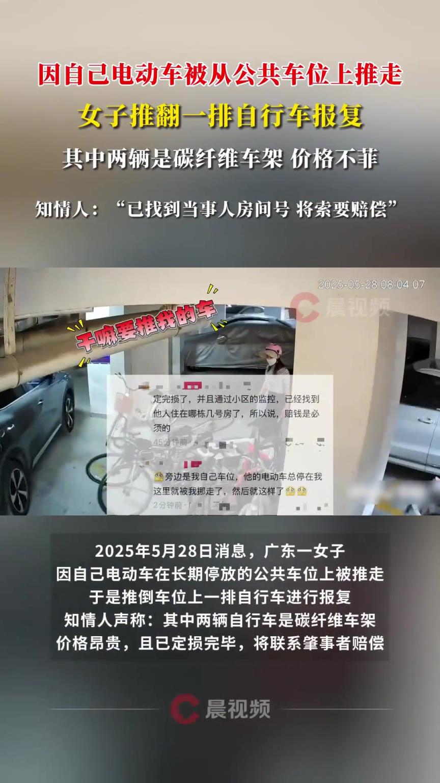 因車被推走女子推翻一排自行車報復(fù)
