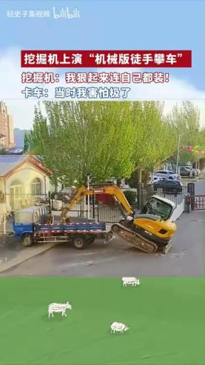 挖掘机上演“机械版徒手攀车”把自己装上车，我狠起来连自己都装