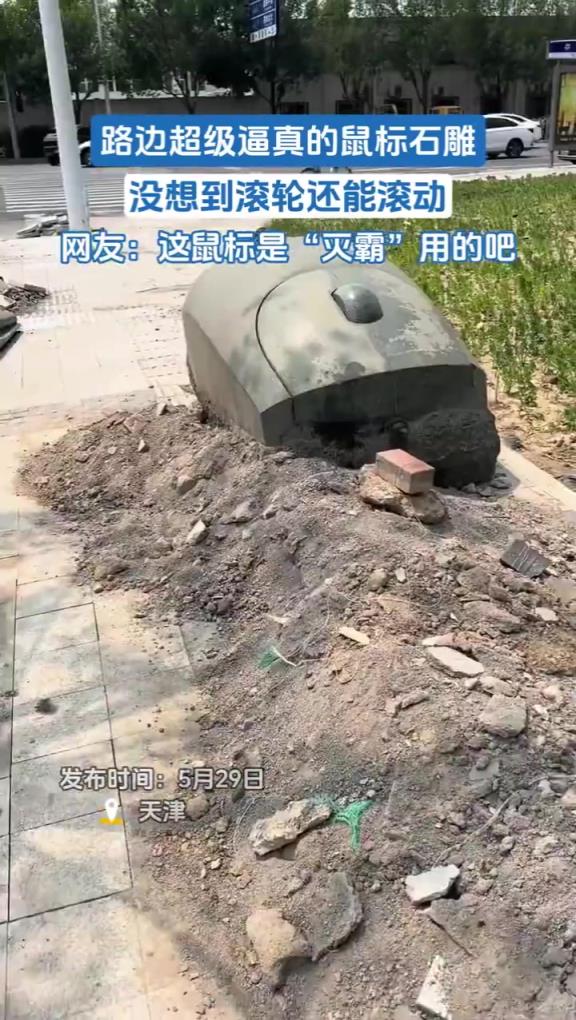 路邊超級逼真的鼠標石雕，沒想到滾輪還能滾動