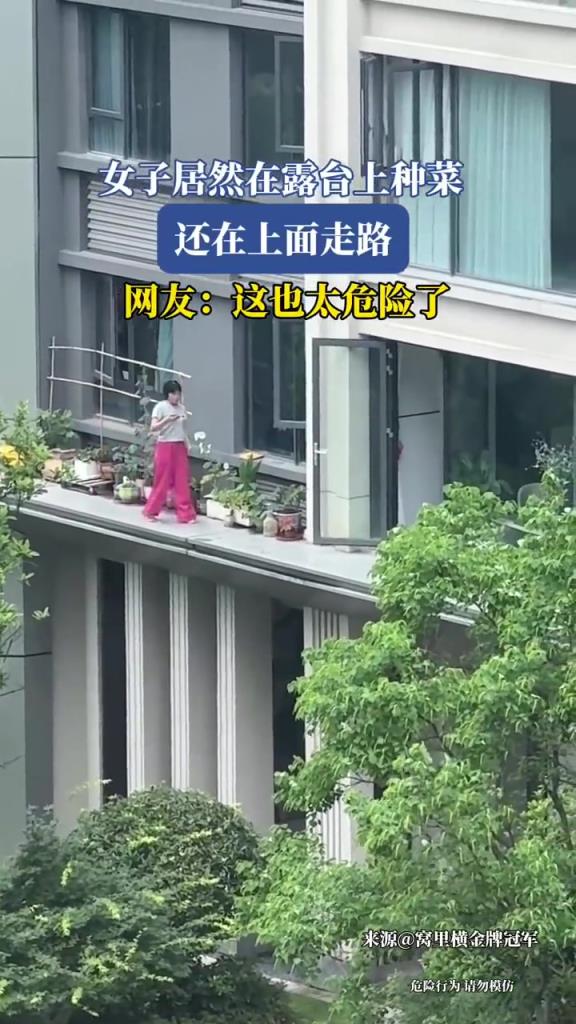 女子居然在露台上种菜 还在上面走路