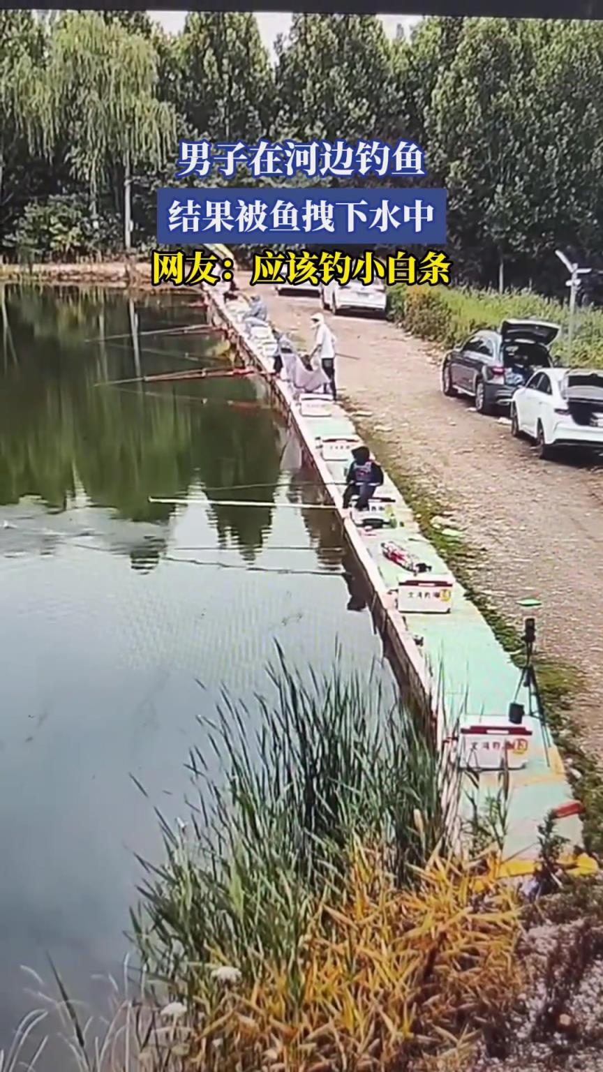 男子在河邊釣魚，結(jié)果被魚拽下水中，網(wǎng)友：應(yīng)該釣小白條
