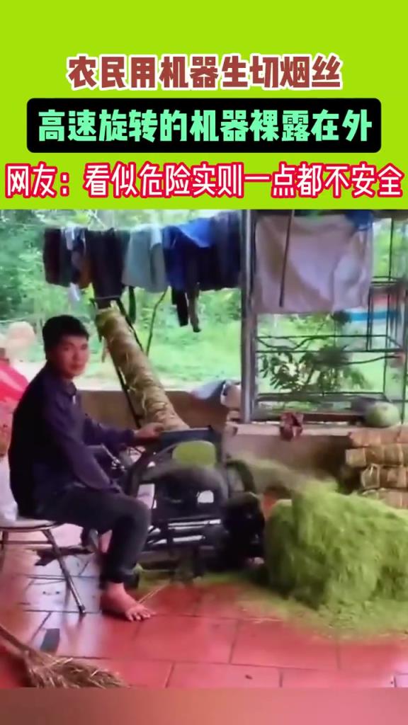农民用机器生切烟丝,高速旋转的机器裸露在外!!!