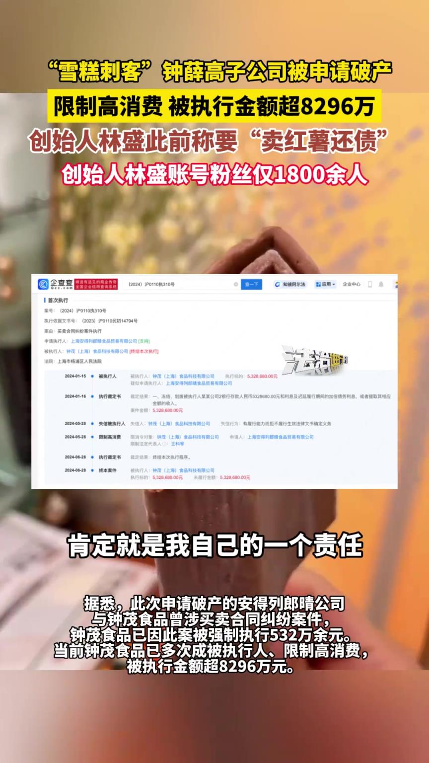 “雪糕刺客”鐘薛高子公司被申請(qǐng)破產(chǎn)