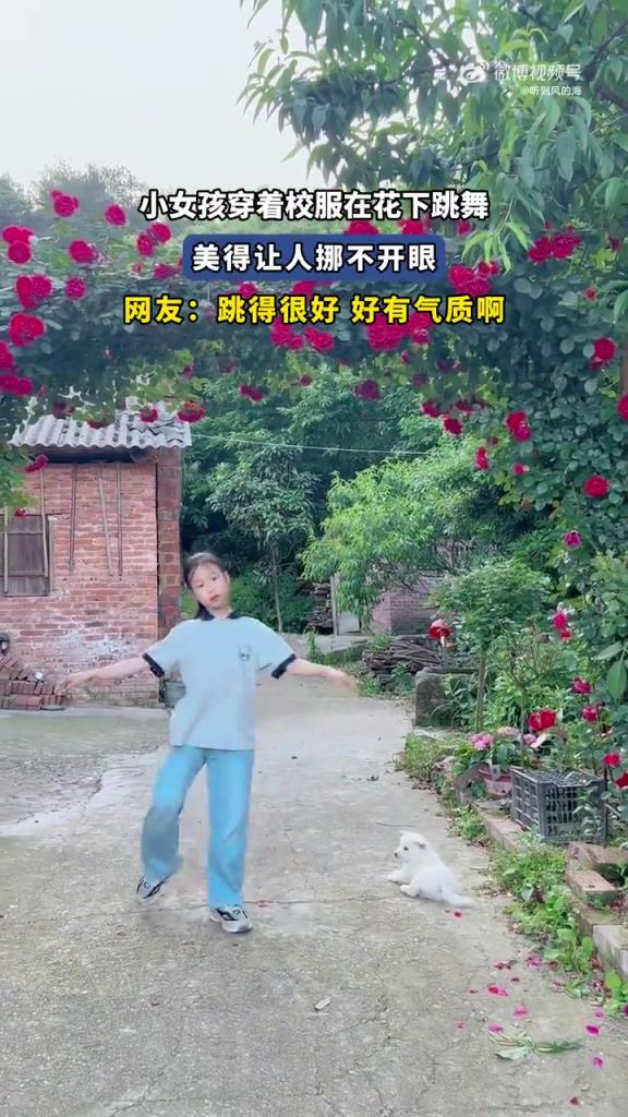 小女孩穿着校服在花下跳舞，美得让人挪不开眼！
