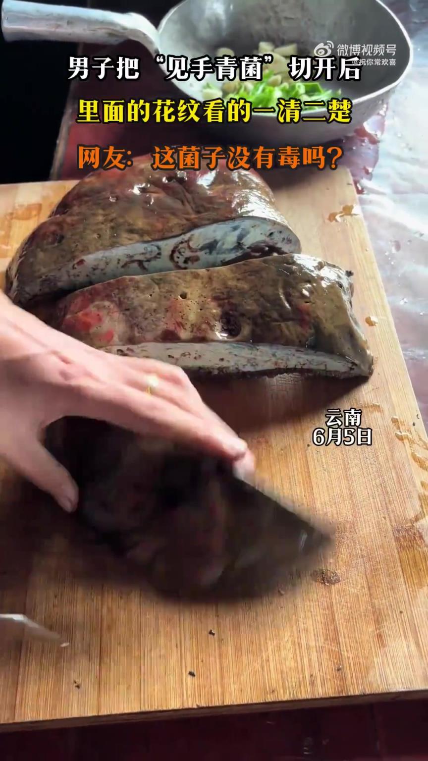 男子切開見手青菌，菌內(nèi)花紋清晰可見