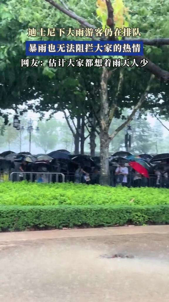 迪士尼下大雨游客仍在排队,暴雨也无法阻拦大家的热情