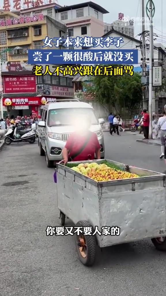 女子尝李嫌酸未买，老人不悦尾随谩骂