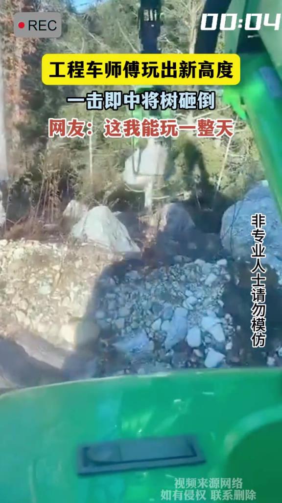 工程車師傅玩出新高度,一擊即中將樹砸倒!!