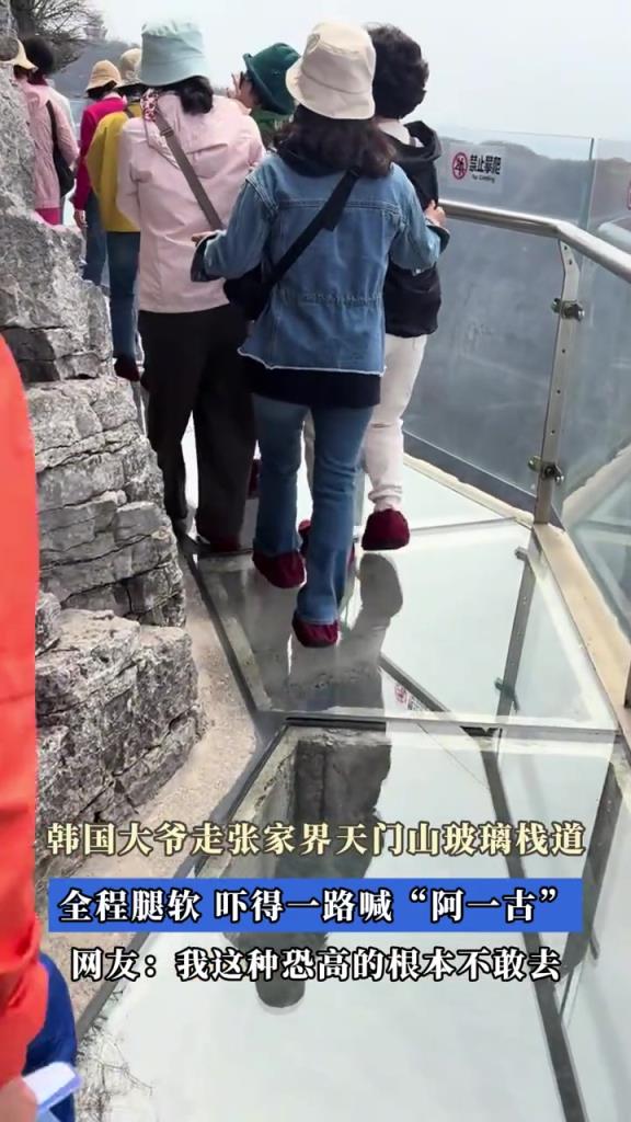 韩国大爷走天门山玻璃栈道,全程腿软吓得一路喊“阿一古”!!
