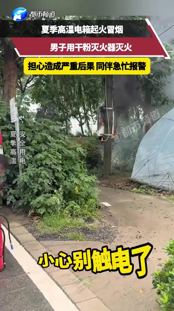 夏季高温电箱起火冒烟，男子用干粉灭火器灭火