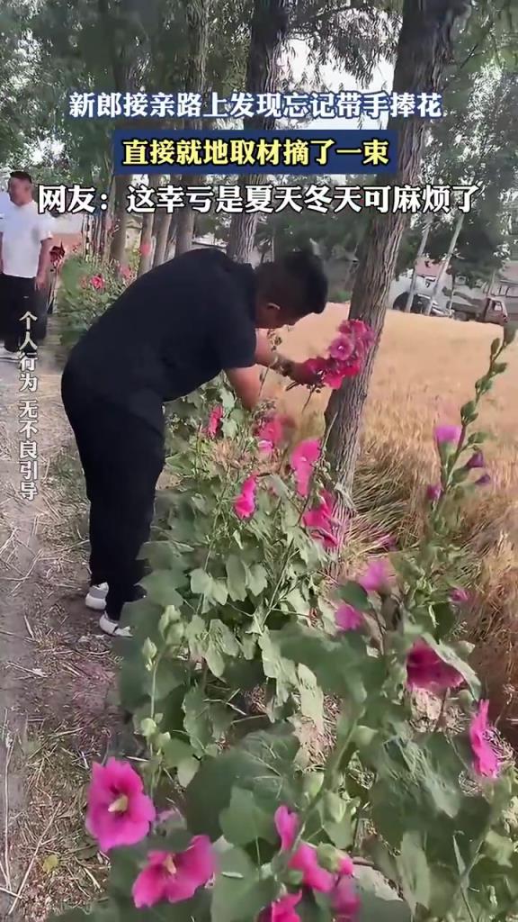 新郎接亲路上发现忘记带手捧花 直接就地取材摘了一束