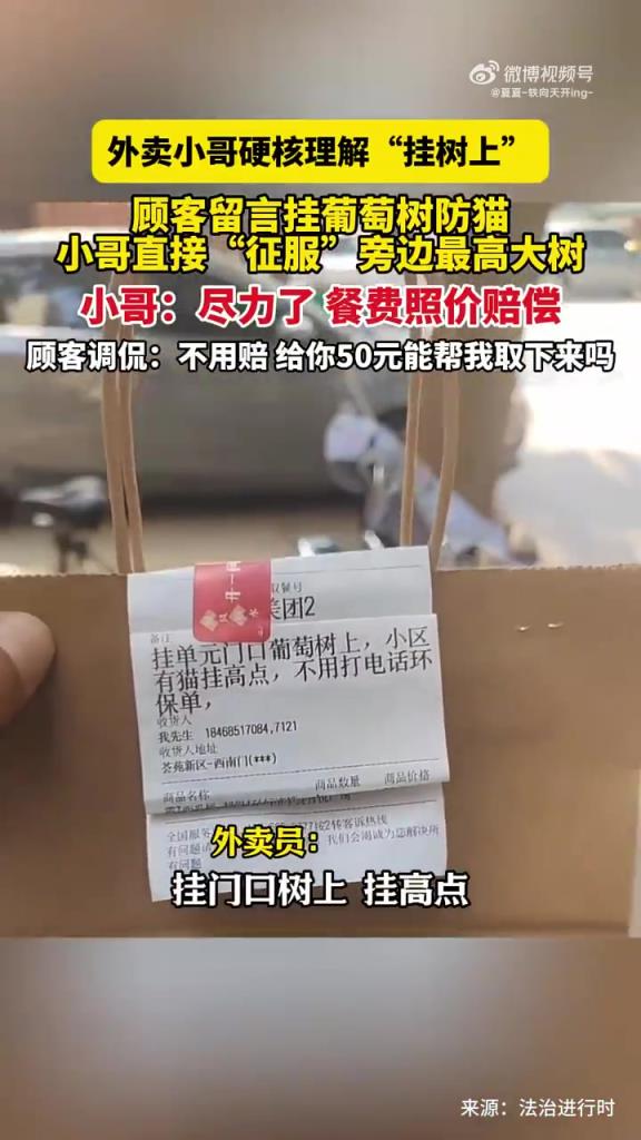 外卖小哥硬核理解“挂树上”，顾客留言挂葡萄树为防猫