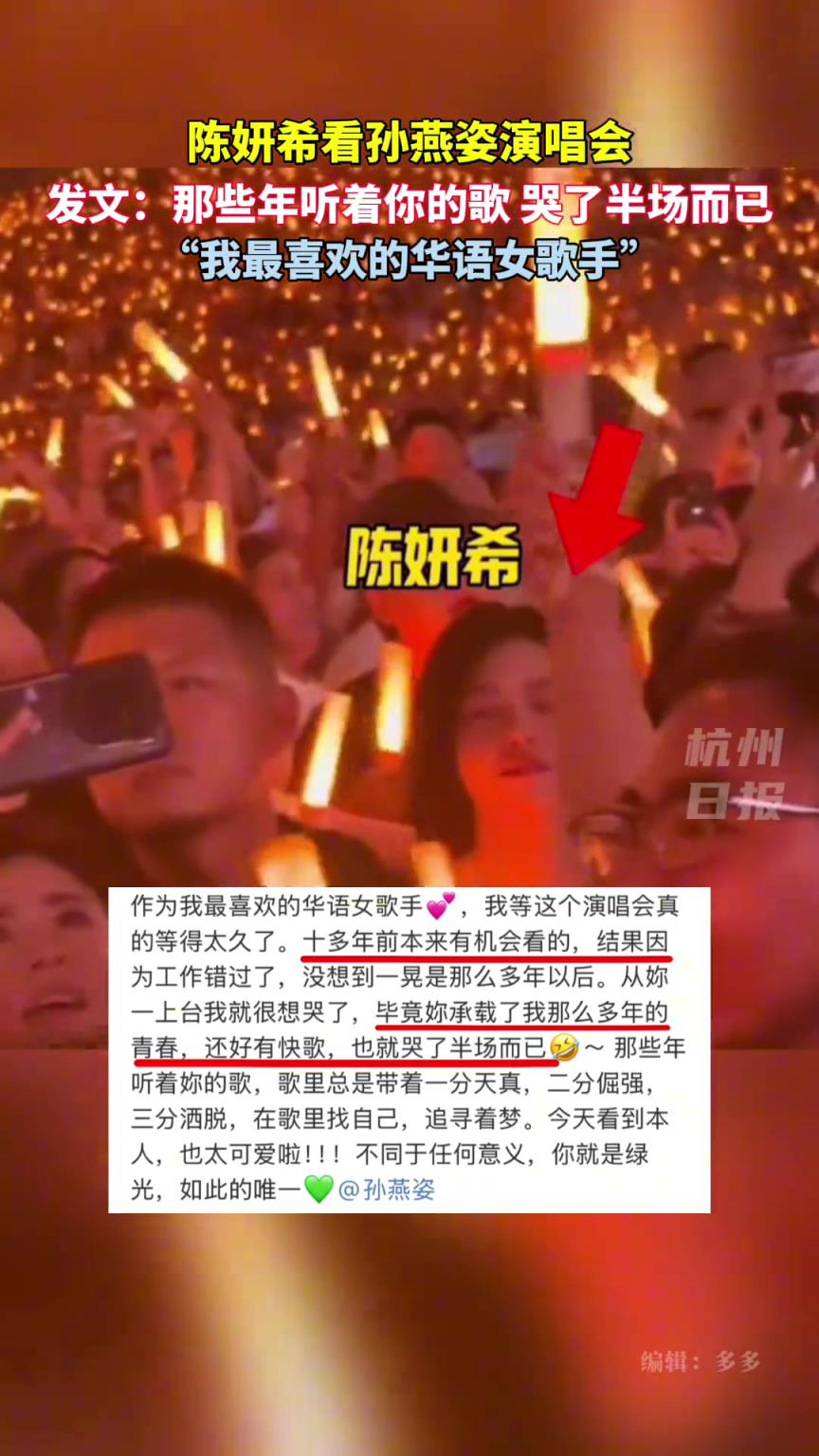 陈妍希看孙燕姿演唱会 发文：那些年听着你的歌，也就哭了半场