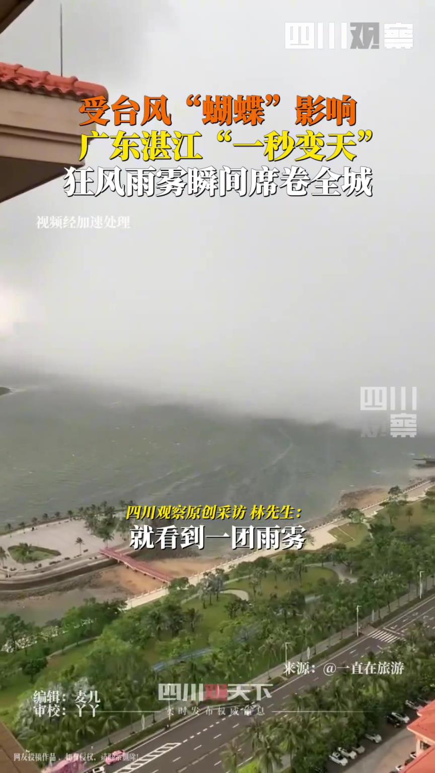 湛江一秒变天，狂风雨雾瞬间席卷，几十秒间大桥和江面全部消失