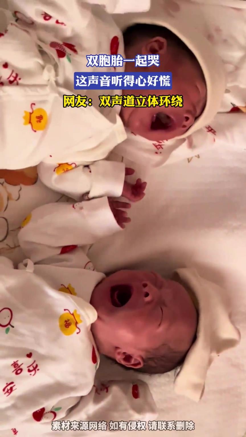 双胞胎一起哭，这声音听得心好慌，网友：双声道立体环绕