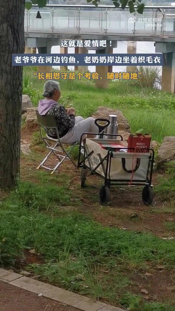 这就是爱情吧！老爷爷在河边钓鱼，老奶奶岸边坐着织毛衣！