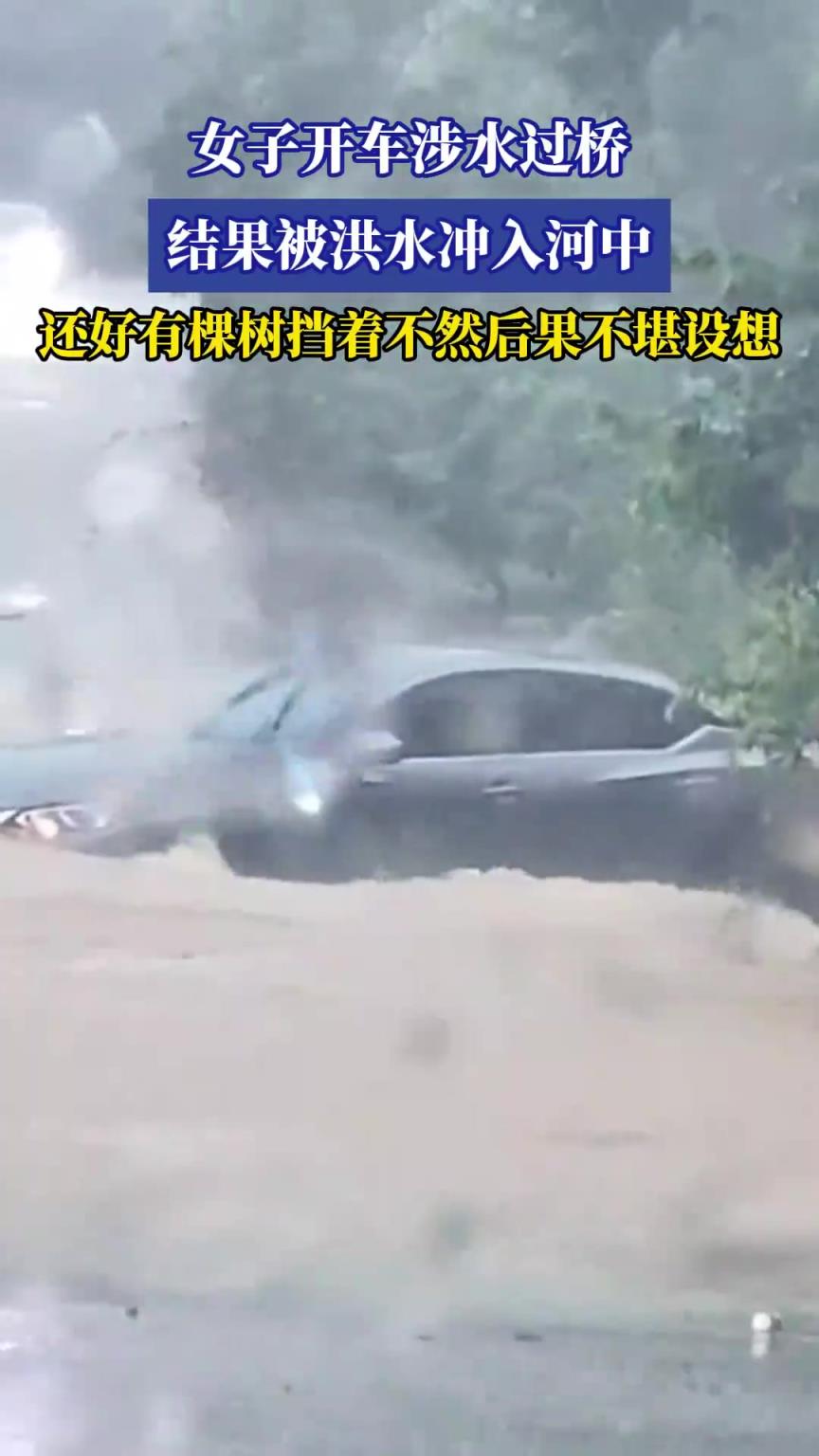 女子駕車涉水過橋被洪水沖入河中，幸有樹阻擋