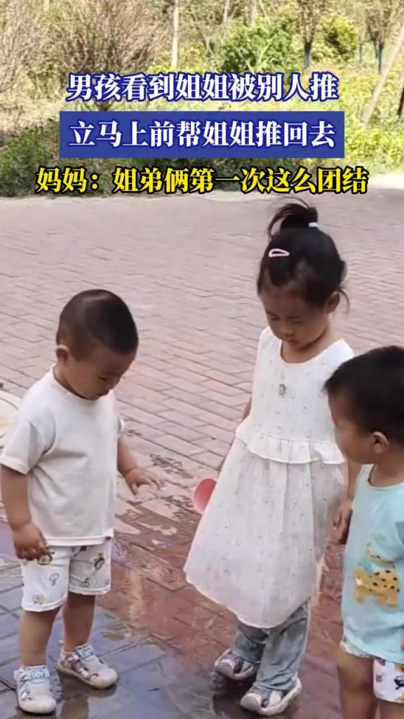 男孩看到姐姐被别人推,立马上前帮姐姐推回去!!