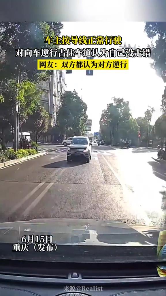 车主按导线正常行驶 对向车逆行占住车道认为自己没走错