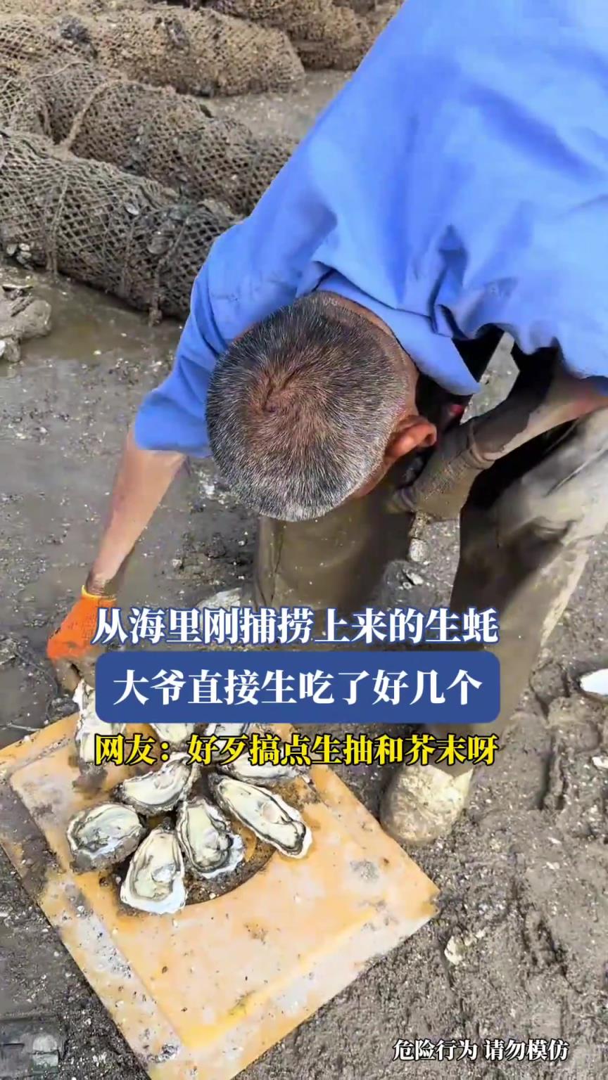 從海里剛捕撈上來的生蠔，大爺直接生吃了好幾個