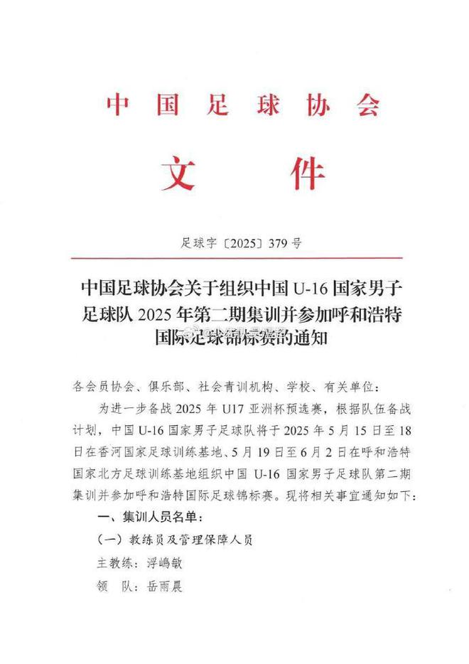 网传U16国足集训名单：邝兆镭、谢晋、万项、卢琦政在列，泰山7人