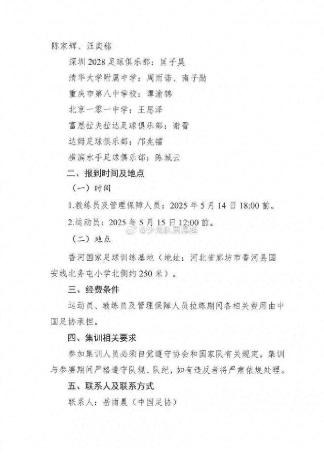 足協(xié)公布U16國足名單，內(nèi)容顯示謝晉留洋富恩拉夫拉達(dá)