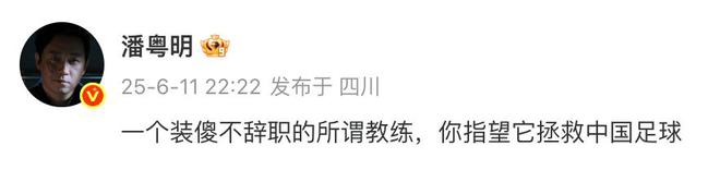 潘粤明炮轰国足教练伊万：一个装傻不辞职的所谓教练，你指望它拯救中国足球！此前曾多次发文评价国足