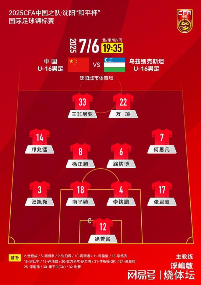 U16國足VS烏茲別克首發(fā)：萬項、鄺兆鐳領(lǐng)銜，帥惟浩、謝晉替補(bǔ)