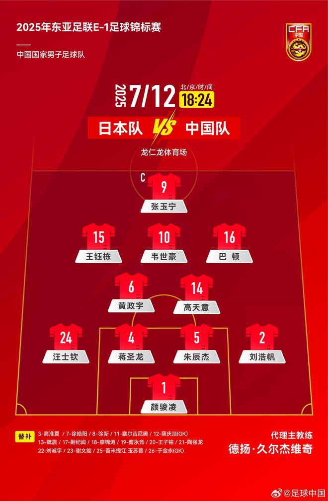 國足官方陣型圖：變陣4-2-3-1，黃政宇和高天意搭檔雙后腰