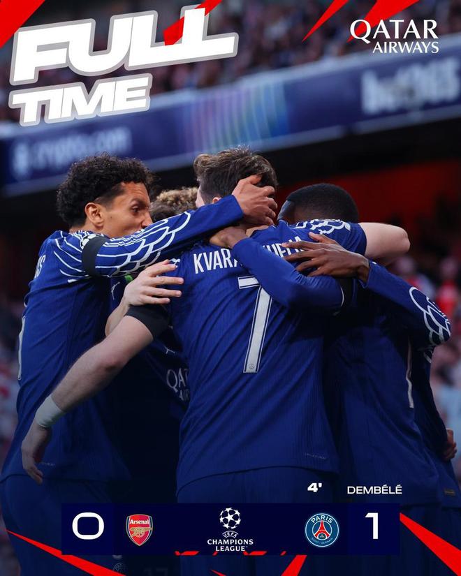熱聞|登貝萊4分鐘進(jìn)球！巴黎圣日耳曼客場(chǎng)1-0小勝阿森納，歐冠半決賽占得先機(jī)