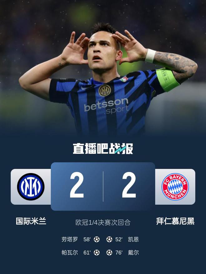 晋级四强！国米2-2总分4-3拜仁将战巴萨 劳塔罗破门帕瓦尔弑旧主