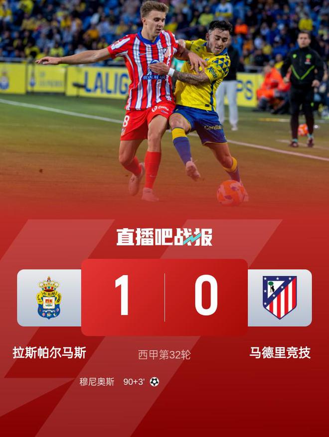 西甲-马竞0-1遭拉斯帕尔马斯绝杀落后榜首10分 阿尔瓦雷斯失良机