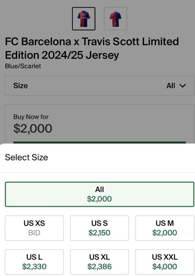 火爆，巴薩與Travis Scott聯(lián)名球衣已在網(wǎng)購平臺飆至2000美元