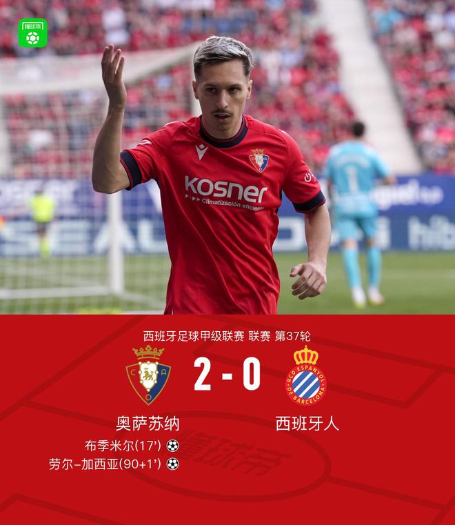 奥萨苏纳2-0西班牙人，布季米尔破门，劳尔-加西亚建功