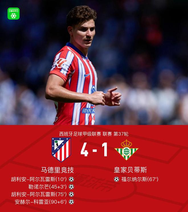 马竞4-1贝蒂斯，阿尔瓦雷斯两射一传，勒诺尔芒、科雷亚建功