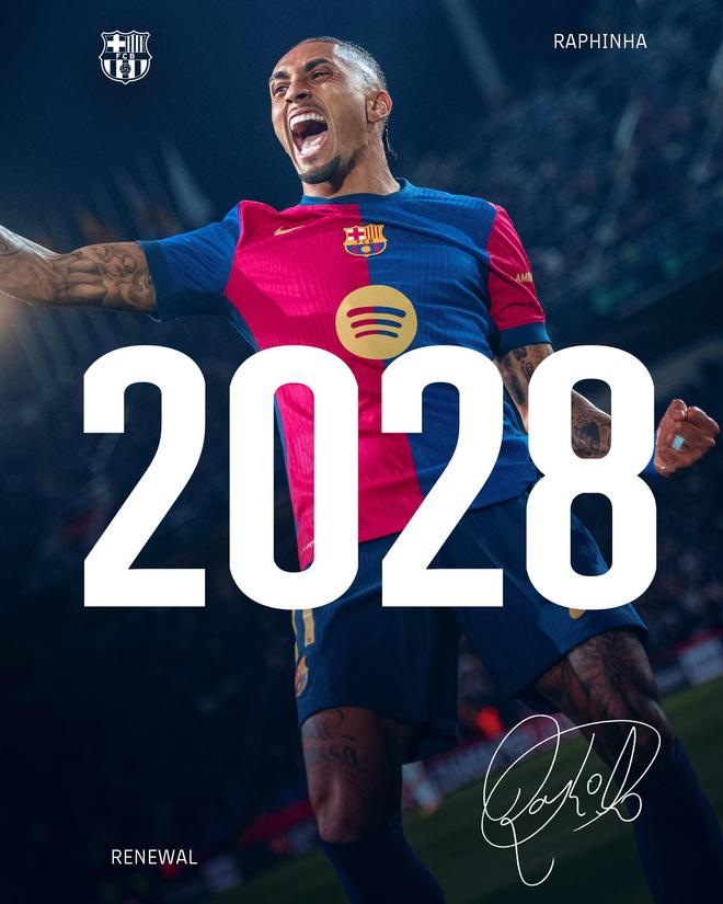 官方：拉菲尼亚和巴萨续约至2028年6月