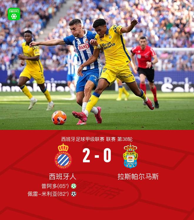 西班牙人2-0拉斯帕尔马斯保级成功，普阿多点射，米利亚破门