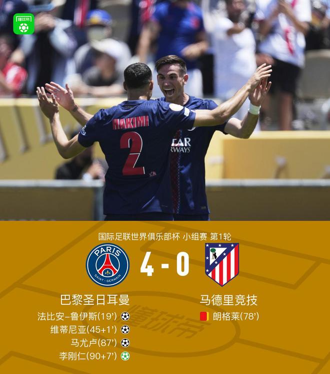 巴黎4-0马竞，法比安-鲁伊斯、维蒂尼亚、马尤卢、李刚仁破门