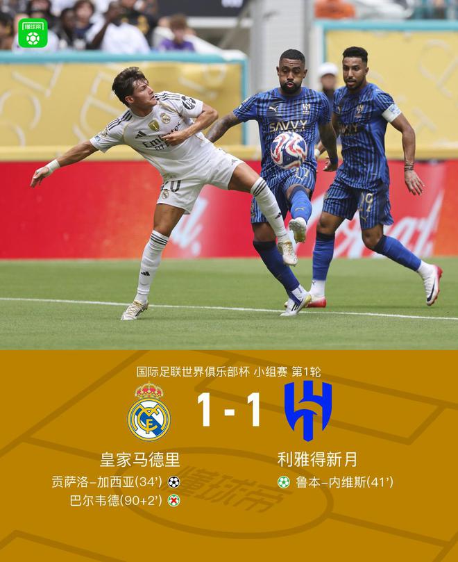 皇马1-1利雅得新月，巴尔韦德补时失点，贡萨洛-加西亚破门