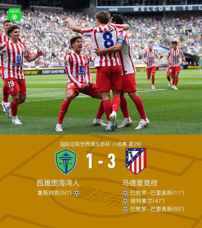 马竞3-1西雅图海湾人，巴里奥斯双响，维特塞尔破门