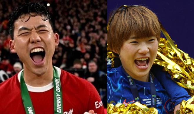捧杯，日本球員遠藤航、浜野真香分別隨隊奪得男女足英超冠軍