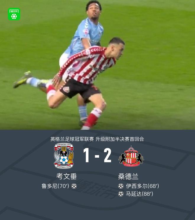 考文垂1-2桑德兰，伊西多尔破门，马延达建功