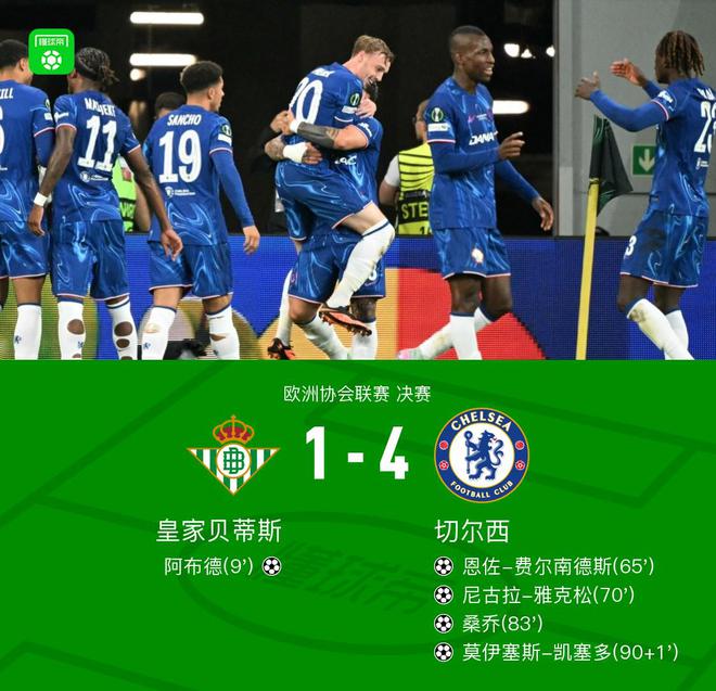 切爾西4-1逆轉(zhuǎn)貝蒂斯奪歐協(xié)聯(lián)冠軍，桑喬破門，帕爾默兩助攻