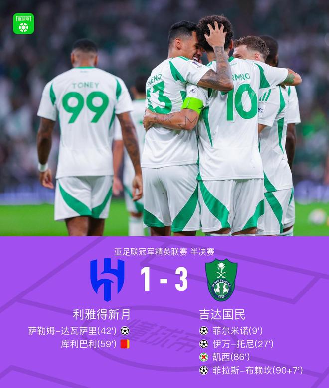 吉达国民3-1十人利雅得新月晋级亚冠精英决赛，菲尔米诺建功，凯西失点