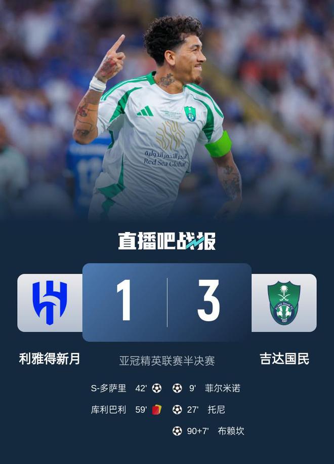进亚冠决赛！吉达国民3-1淘汰十人新月 菲尔米诺破门库利巴利染红