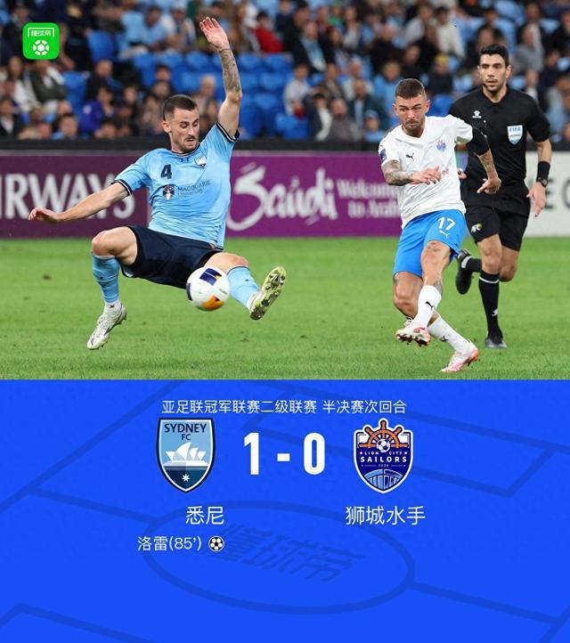 獅城水手客場(chǎng)0-1悉尼，兩回合總比分2-1晉級(jí)亞冠二級(jí)聯(lián)賽決賽