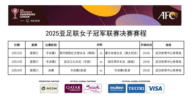 官方：女足亞冠半決賽武漢女足vs胡志明市女足5.21下午進(jìn)行
